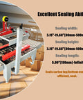 No Fuss Heavy Duty Automatic Tape Carton Sealing Machine Wide Adjustable Width And Height Settings showcasing sealing dimensions in a warehouse.