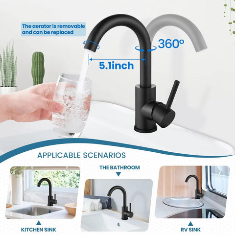 Matte Black Single Hole Bathroom Faucet With 360 Degree Swivel Spout, 304 Stainless Steel Vanity Sink Tap diagram and features