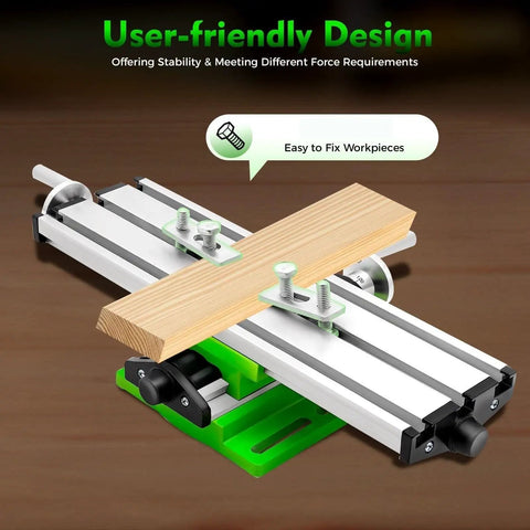 Mini Multifunctional Metal Lathe Machine With Adjustable Cross Slide Compound Table Worktable Design shown with wooden workpiece secured.