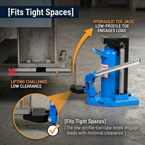 Heavy Duty Air Hydraulic Toe Jack Handles Rock Solid 20 Ton Top Lift Loads And Smooth 10 Ton Toe Raises For Low Clearance Equipment and Tough Shop Grunt Work Daily Tasks in tight spaces with low-profile toe.
