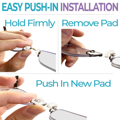 Quality Silicone Nose Pads For Glasses Replacement Teardrop Medium 15mm Push In Mount installation steps on eyeglasses.
