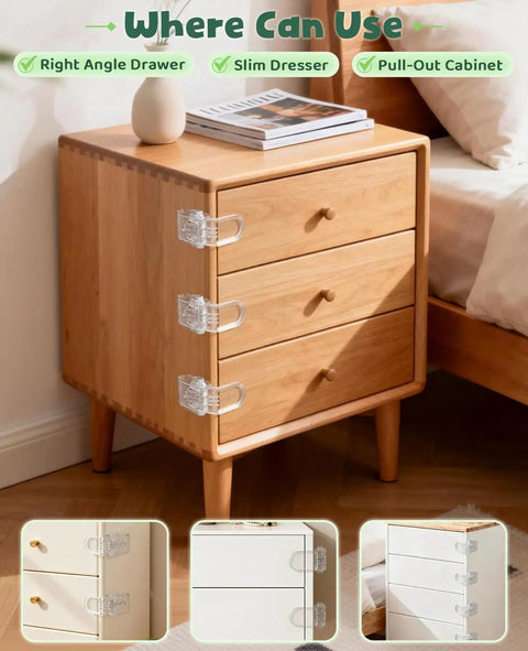 Six Pack Clear Baby Drawer Locks Zero Sweat Install on a slim dresser with smooth push button design for secure grip.