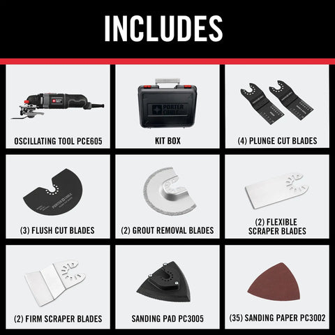 3 Amp Oscillating Multi Tool Kit With 52 Pieces, Variable Speed 10,000 To 22,000 OPM, Tool Free Blade Change, accessories overview