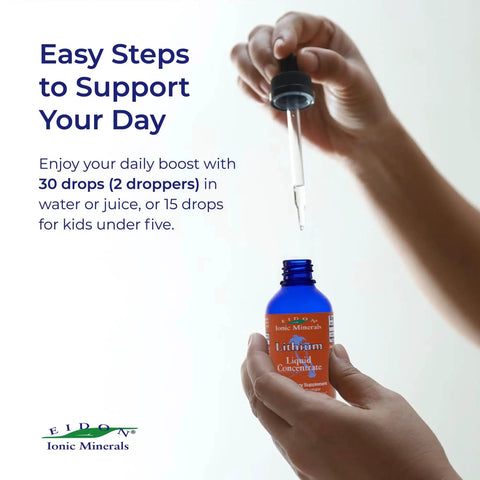 Ionic Minerals Liquid Lithium Drops For Brain Health And Chill Support in hand with dropper, 2 oz bottle for nervous system support.