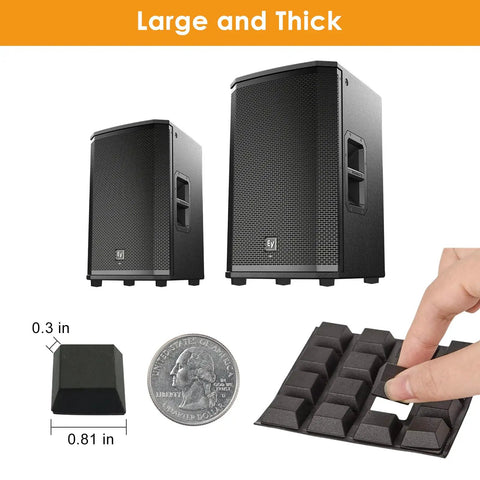 Top Tier Self Adhesive Rubber Feet For Electronics And Gear 16 Pack Black Anti Slip Pads, showing height comparison with speaker.