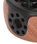 Detail of Camera Hand Grip Side Handle With 360 Degree Rotation, featuring rosette mount and wooden grip section, in CNC aluminum frame.