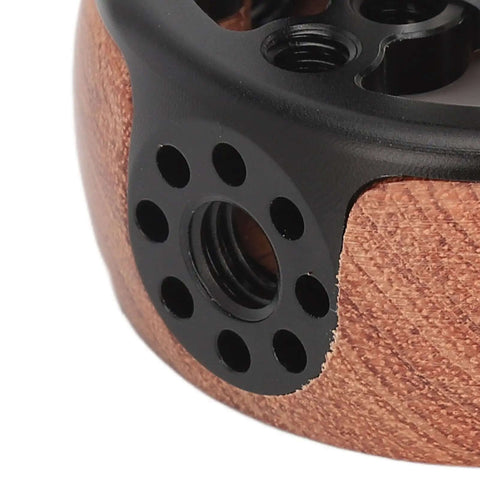 Detail of Camera Hand Grip Side Handle With 360 Degree Rotation, featuring rosette mount and wooden grip section, in CNC aluminum frame.
