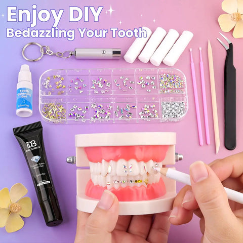 Tooth Gem Kit for Teeth Beginners with Colorful Crystal Gems and Essential Tools displayed on pastel backdrop with hand application.