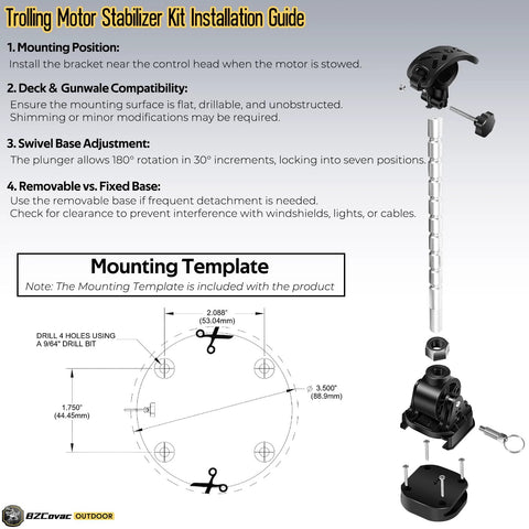 electric trolling motor stabilizer installation guide with mounting template and kit components for bow mount setup