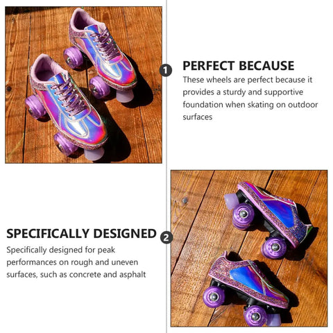 Light Up Quad Skate Wheels Set of 4 with Bearings for Indoor and Outdoor Roller Skates, Iridescent Pink Purple Glow on skates