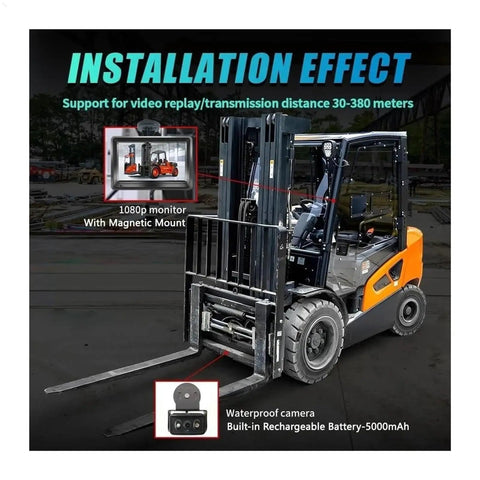 Heavy Duty Forklift Camera Kit With Crisp 5 Inch Dvr Monitor Sleek Magnetic Mount Long Lasting Battery Pack Built For Tight Warehouse Aisles Safe High Mast Loads And Zero Collisions Total Game Changer For Smooth Operators installed on forklift with 1080p monitor and waterproof camera.
