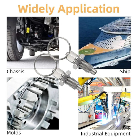 Four Heavy Duty Pull Ring Indexing Plungers With Retractable Quick Release Pins Crafted From Stainless Steel in applications on chassis and ships.