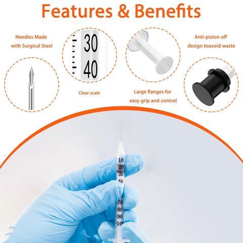 30-pack 1ml syringe with 30G 5/16 8mm needle, individually wrapped, held by a gloved hand
