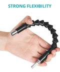 Hand holding flexible part of Three Piece Flexible Drill Bit Extension Set With Magnetic Hex Drive Soft Shaft And Hand Drill Adaptor