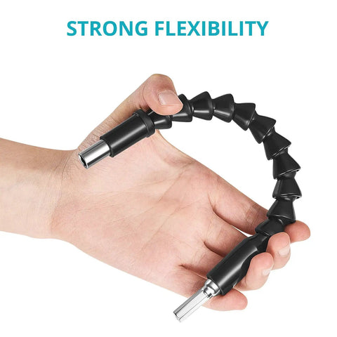 Hand holding flexible part of Three Piece Flexible Drill Bit Extension Set With Magnetic Hex Drive Soft Shaft And Hand Drill Adaptor