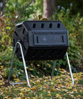 Front view of Canadian Made 37 Gallon Dual Chamber Tumbling Composter With 100 Percent Recycled Resin Eco Friendly Outdoor Rotating Bin