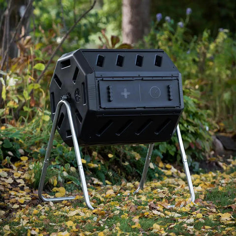Front view of Canadian Made 37 Gallon Dual Chamber Tumbling Composter With 100 Percent Recycled Resin Eco Friendly Outdoor Rotating Bin