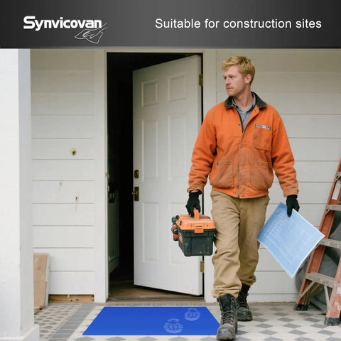 Worker stepping on a Heavy Duty 17 By 13 Inch Sticky Entrance Mat 5 Pack Featuring 150 Peel Off Sheets to tackle dirt.