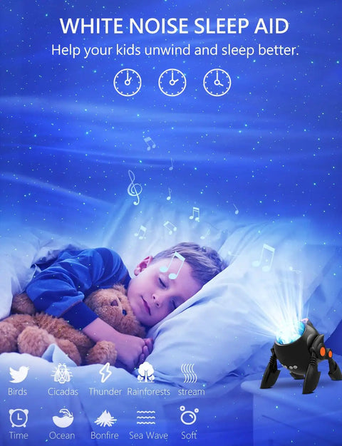 Child sleeping with teddy bear, Northern Lights Projector With 28 Aurora Light Effects, Galaxy Night Light, Bluetooth Speaker nearby
