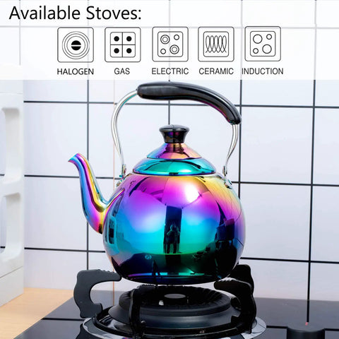 Induction Compatible Stovetop Tea Kettle Stainless Steel Whistling Tea Kettle Rainbow Iridescent Mirror Finish 2 Quart for Gas Stove Top