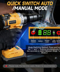 Cordless Rivet Nut Gun For 20V Battery Power, Pro Grade Brushless Motor, showing auto and manual modes in use