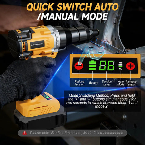 Cordless Rivet Nut Gun For 20V Battery Power, Pro Grade Brushless Motor, showing auto and manual modes in use