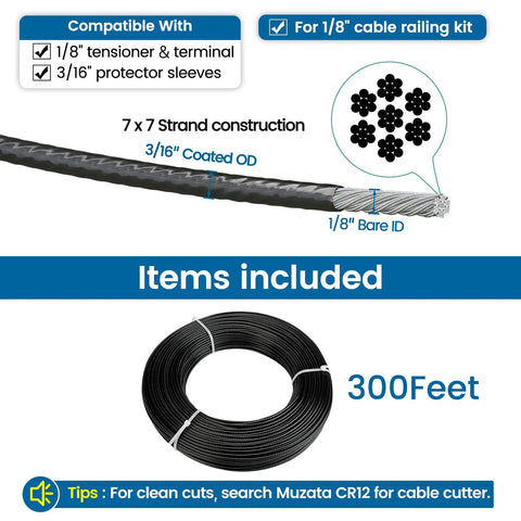 150 Ft Black Vinyl Coated Wire Rope One Eighth Inch ID Overmolded To Three Sixteenth Inch OD 7x7 Stainless Steel Cable