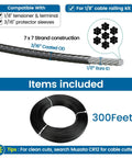 Vinyl Coated Wire Rope For Cable Railing One Eighth Inch To Three Sixteenths Inch Black 7x7 Strands 300 Feet Coil