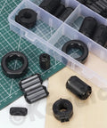 Clip-On Ferrite Ring Core EMI RFI Noise Suppressor Kit in plastic case, includes 32-piece cable clip set for various wire sizes.