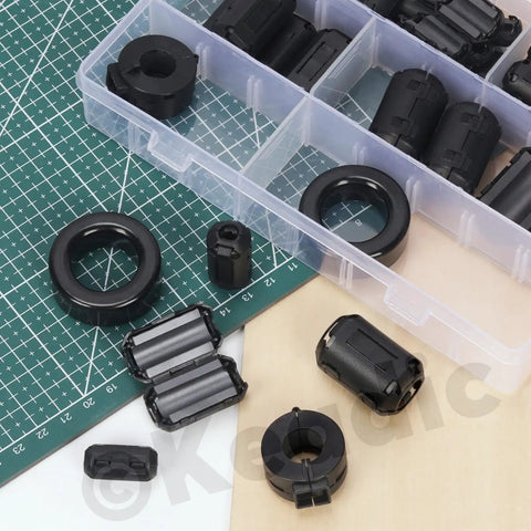 Clip-On Ferrite Ring Core EMI RFI Noise Suppressor Kit in plastic case, includes 32-piece cable clip set for various wire sizes.