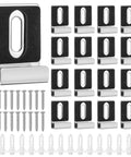 Tough Built Metal Mirror Holder Kit J Type Hanger Clips With Cushioned Rubber Pads and Expansion Anchors for Slick Frameless Glass Wall Mount Setup showing 16 stainless steel clips and screws.