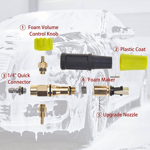 High Pressure Washer Foam Cannon Snow Foam Lance For Beefy Car Wash Foam 4000 PSI Power Washer Gun With One Quarter Inch Quick Connector Includes Five Nozzle Tips And One Liter Foam Bottle Heavy Duty Cleaning Kit components diagram