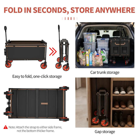 All Terrain Collapsible Wagon Cart With 220 Lb Load Capacity shown folded, stored in car trunk and closet