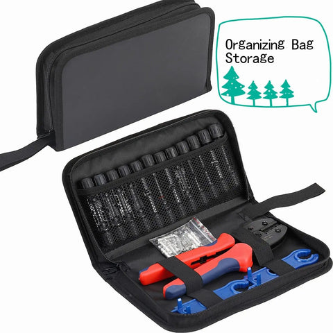 Open case of All In One Solar Crimping Tool Kit With 51 Pieces Includes 12 Pairs Of Solar Connectors 24 Connector Pins And 2 Spanners