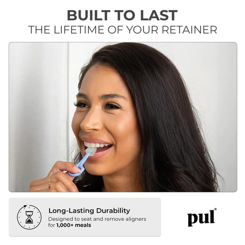 All In One Invisalign Aligner Removal Tool With Built In Chewies Pack Of 2 Easy Removal And Perfect Seat For Aligners Retainers And Trays Patented 2 In 1 Design For Cleaner Wear And Secure Fit, woman using blue tool