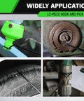 Pro Grade 12 Piece Pick And Hook Tool Set for auto mechanics in use on tire, gasket, hose, and drill part removal