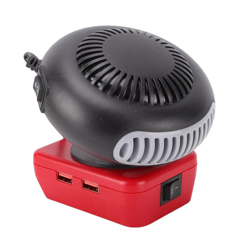 Heavy Duty 200 Watt Battery Powered Space Heater With Dual Heat Modes And 360 Swivel For Garages Trucks And Worksites, compact design with USB ports.