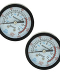 Two Pack 2 Inch Air Pressure Gauges For Air Compressors One Quarter Inch NPT Center Back Mount Brass Connection Sturdy Black Steel Housing 52 mm Dial Dual Gauge Set For Precise Readings displayed with dual dials