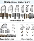Metal Zipper Repair Kit 123 Pieces dimensions including zipper boxes, pins, bottom stops and top stops for jeans, jackets, bags.