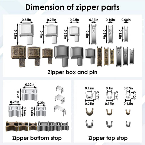 Metal Zipper Repair Kit 123 Pieces dimensions including zipper boxes, pins, bottom stops and top stops for jeans, jackets, bags.