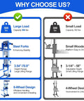 Comparison chart showing Manual Material Lift Winch Stacker With Adjustable Height From Three Point Five Four Inches To Seventy Inches 500 Pound Capacity