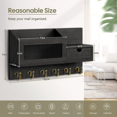 Key And Mail Organizer Wall Mount With Six Hooks And A Small Storage Drawer For Entryway And Home Decor, easy no-drill install