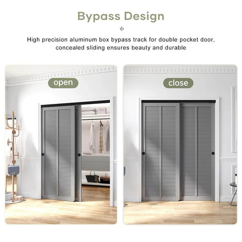 Double Sliding Pocket Door Bypass Hardware Kit 5ft Aluminum Track Pro Grade Quiet Glide Smooth Rollers Easy Install Bypassing Closet Door Rail Black Finish Heavy Duty Commercial Style, shown installed on a closet, with doors open and closed view.