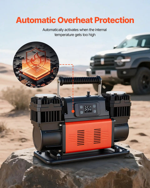 Heavy Duty Dual Cylinder Air Compressor Packed With 10.6 Cfm Quick Fill And Auto Shutoff with automatic overheating protection.