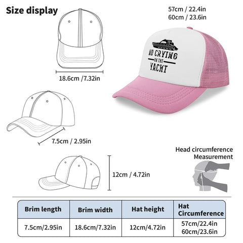 Size display of pink women's breathable sports trucker cap with anti-sweat band, featuring a mesh back and head circumference guide.