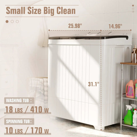 Portable Twin Tub Washing Machine Featuring A 28 Lb Washer And Spin Dryer Combo For Straight Up No Sweat Laundry Simultaneous Wash And Spin Cycle Compact Design For Busy Households, showing dimensions and design.