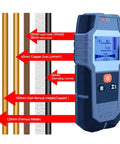 Prograde Stud Finder Wall Scanner Detects Wood Joists Metal Live AC Wires And Copper Tube Precise LCD Backlit Display shows depth modes.