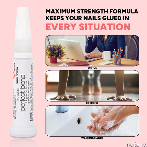 Perfect Bond Nail Glue For Natural And Artificial Nails, Super Strong Quick Dry Adhesive, bottle with lifestyle images