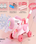 Magical Pink Unicorn Bubble Machine For Toddlers Ages Two To Four, Portable Electric Toy With Bright LED Lights And Easy Push Walker Design, features bubbles and measurements.
