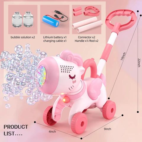 Magical Pink Unicorn Bubble Machine For Toddlers Ages Two To Four, Portable Electric Toy With Bright LED Lights And Easy Push Walker Design, features bubbles and measurements.
